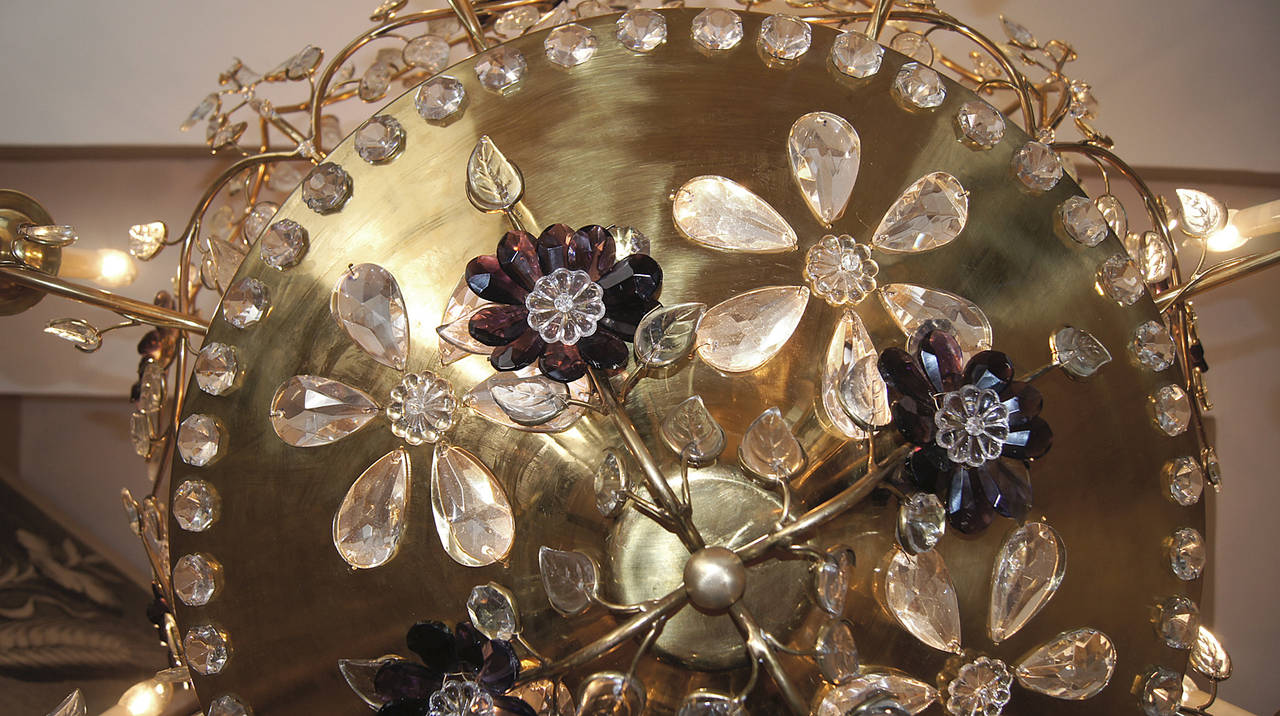 Pair of Large Gilt Chandeliers with Amethyst Flowers For Sale 1