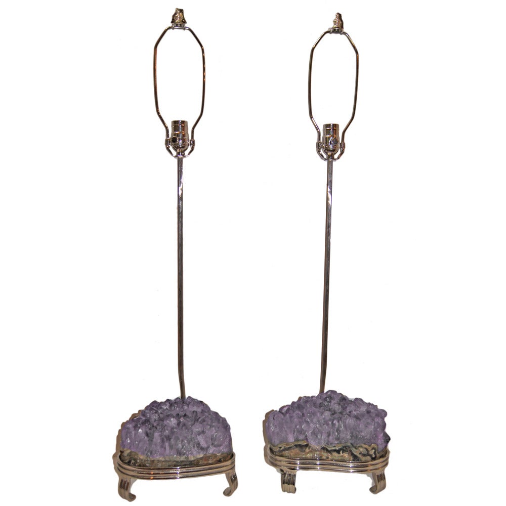 Pair of Amethyst Stone Table Lamps For Sale