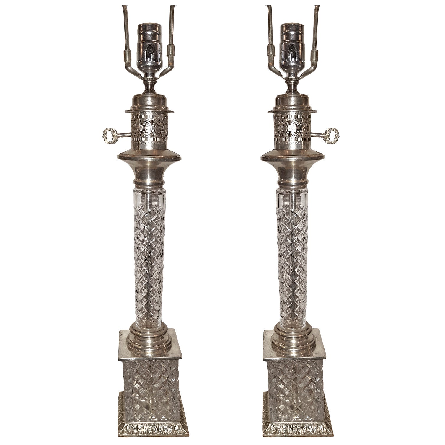 Pair of Cut-Glass Table Lamps For Sale