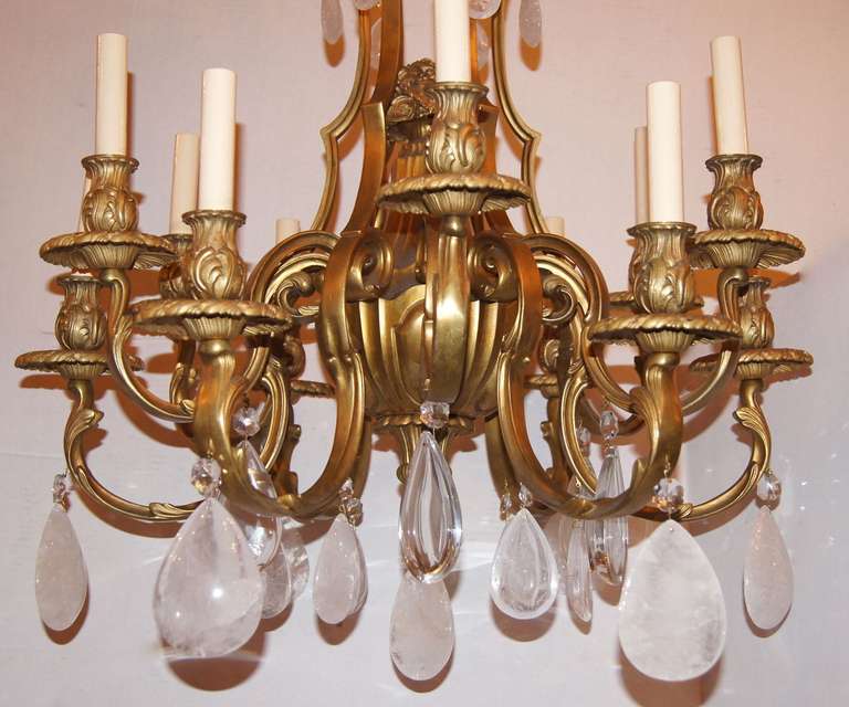 Gilt Bronze Chandelier with Rock Crystal Pendants In Good Condition For Sale In New York, NY