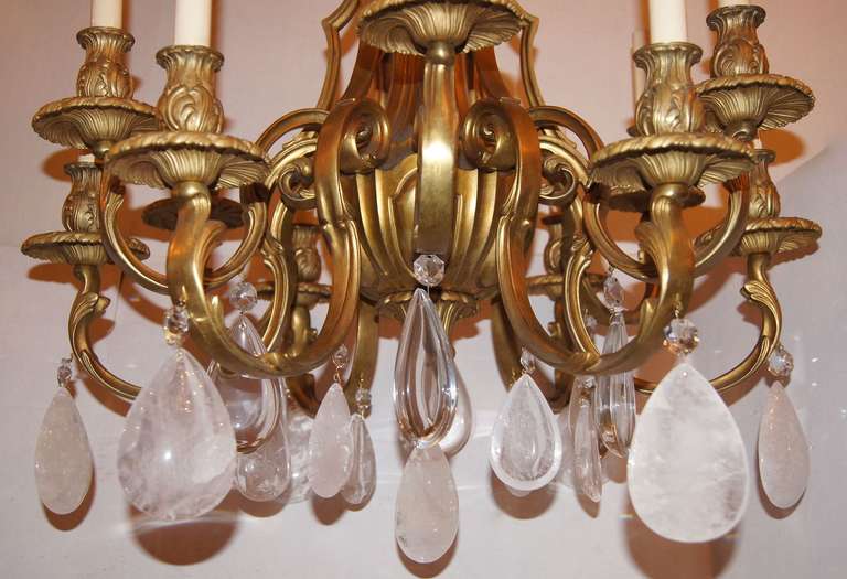 20th Century Gilt Bronze Chandelier with Rock Crystal Pendants For Sale