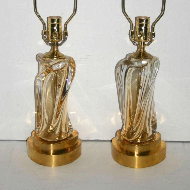 Italian Pair of Amber and Clear Murano Glass Lamps