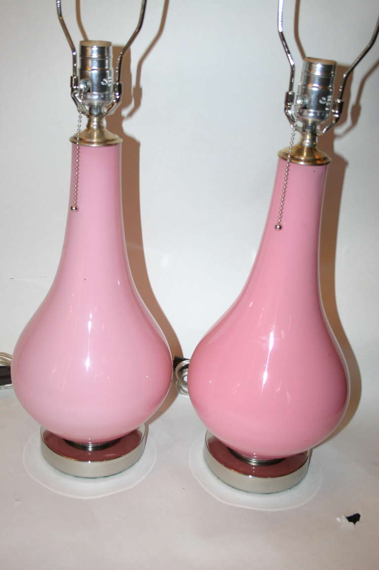 Mid-20th Century Pair of Pink Opaline Glass Lamps For Sale