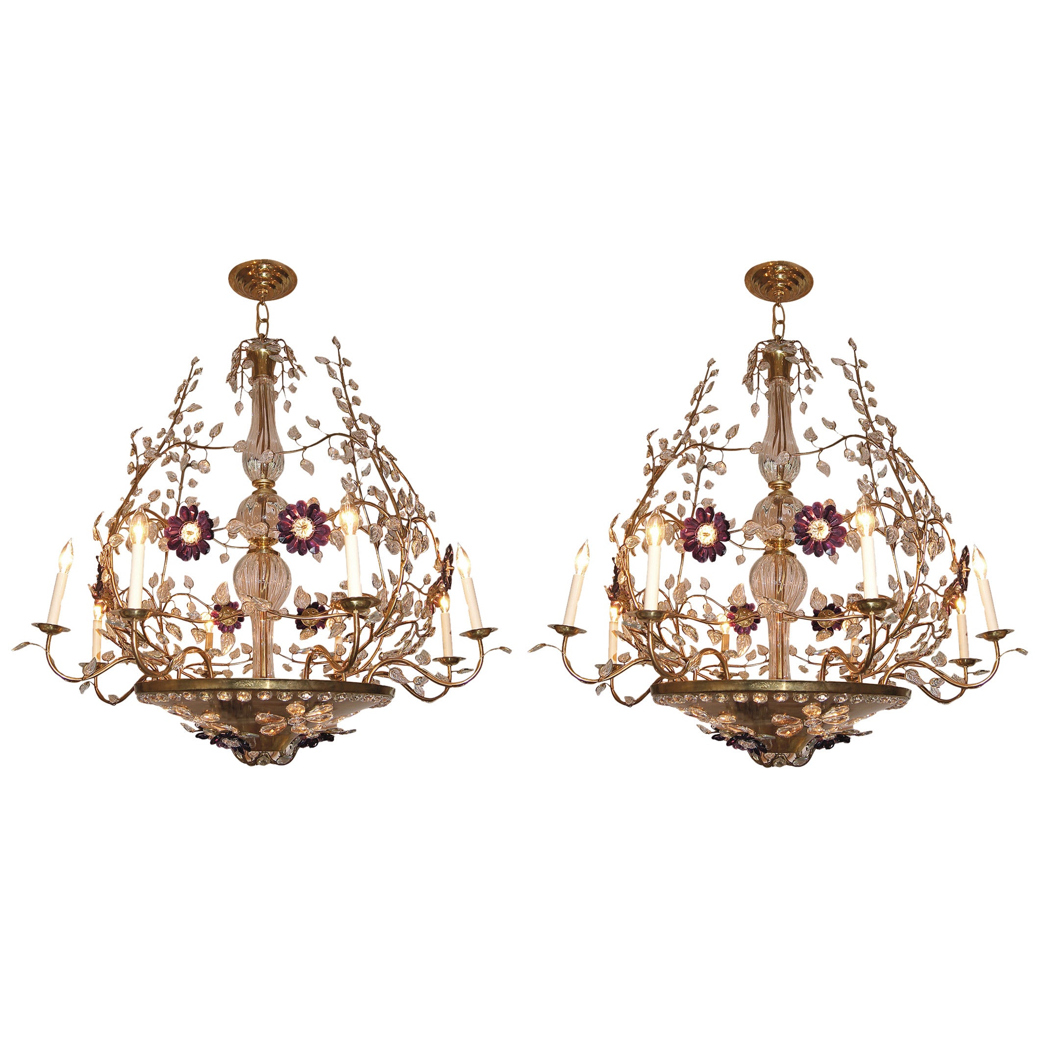 Pair of Large Gilt Chandeliers with Amethyst Flowers For Sale