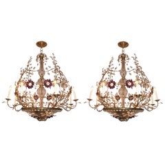 Vintage Pair of Large Gilt Chandeliers with Amethyst Flowers