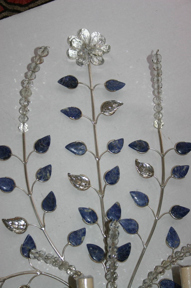French Pair of Silver Plated Sconces with Lapis Lazuli For Sale