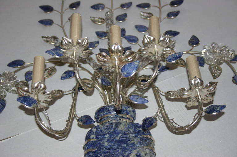 Pair of Silver Plated Sconces with Lapis Lazuli In Good Condition For Sale In New York, NY