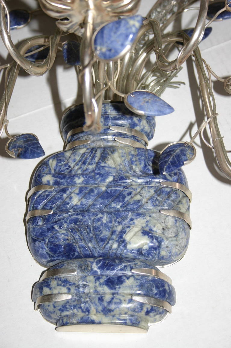 Metal Pair of Silver Plated Sconces with Lapis Lazuli For Sale