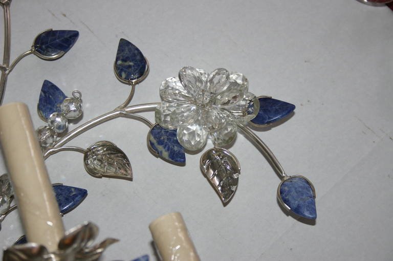 Pair of Silver Plated Sconces with Lapis Lazuli For Sale 1