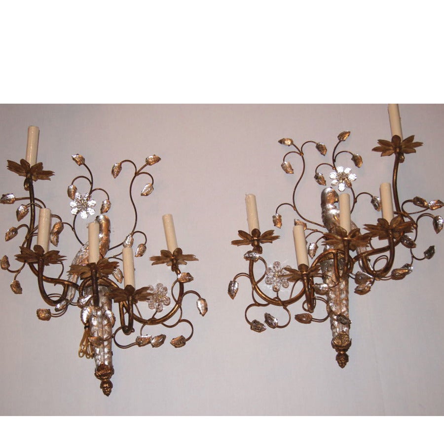 Mid-20th Century Set of Four Gilt Sconces with Molded Glass Birds For Sale