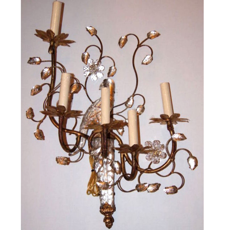 French Set of Four Gilt Sconces with Molded Glass Birds For Sale