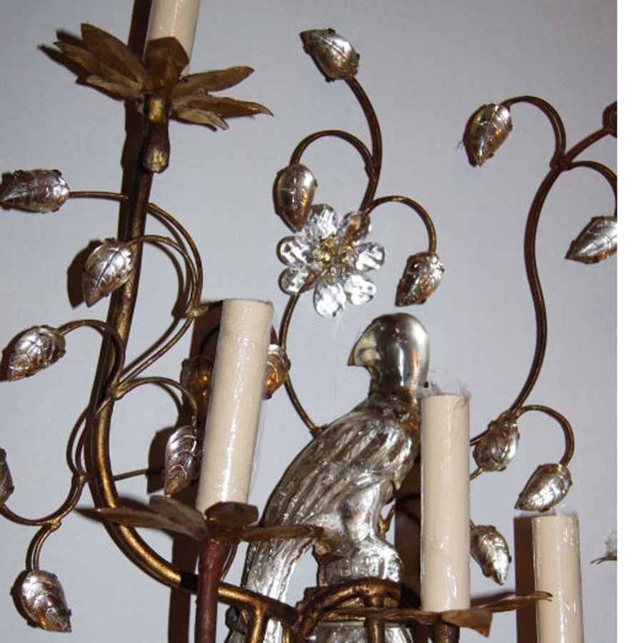 Set of Four Gilt Sconces with Molded Glass Birds For Sale 3