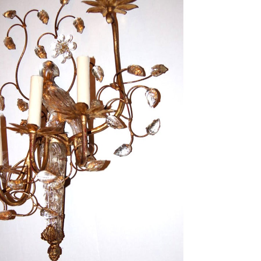 Set of Four Gilt Sconces with Molded Glass Birds For Sale 1