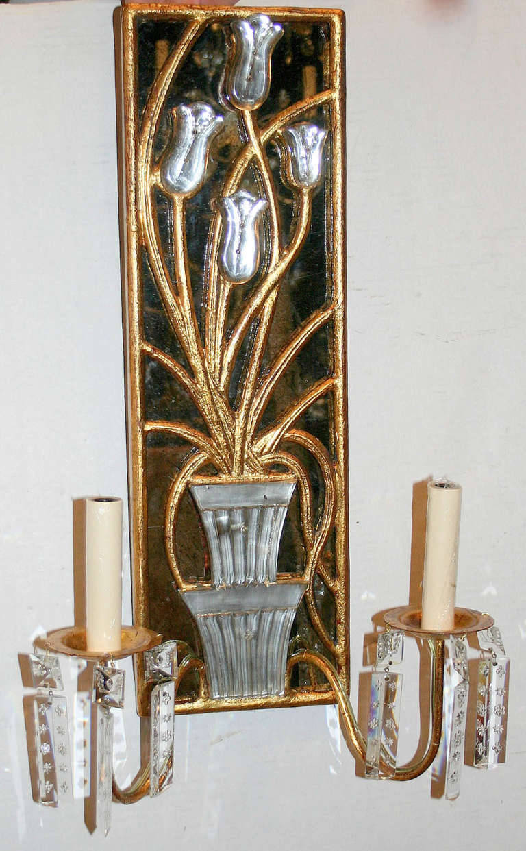 Set of 6 French Gilt Metal Sconces with Mirror Back