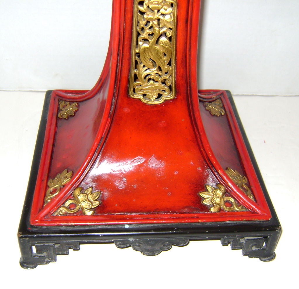 A circa 1920 Caldwell chinoiserie floor lamp with painted red finish and gilt details.

Measures: 58