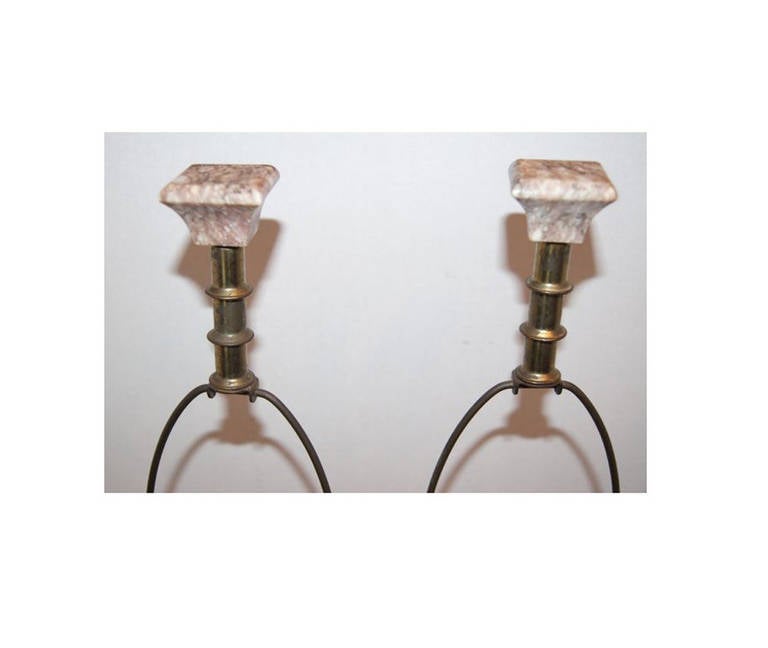 Italian Pair of Rose Marble Lamps For Sale