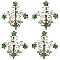 Set of 4 Gilt Metal & Crystal Sconces