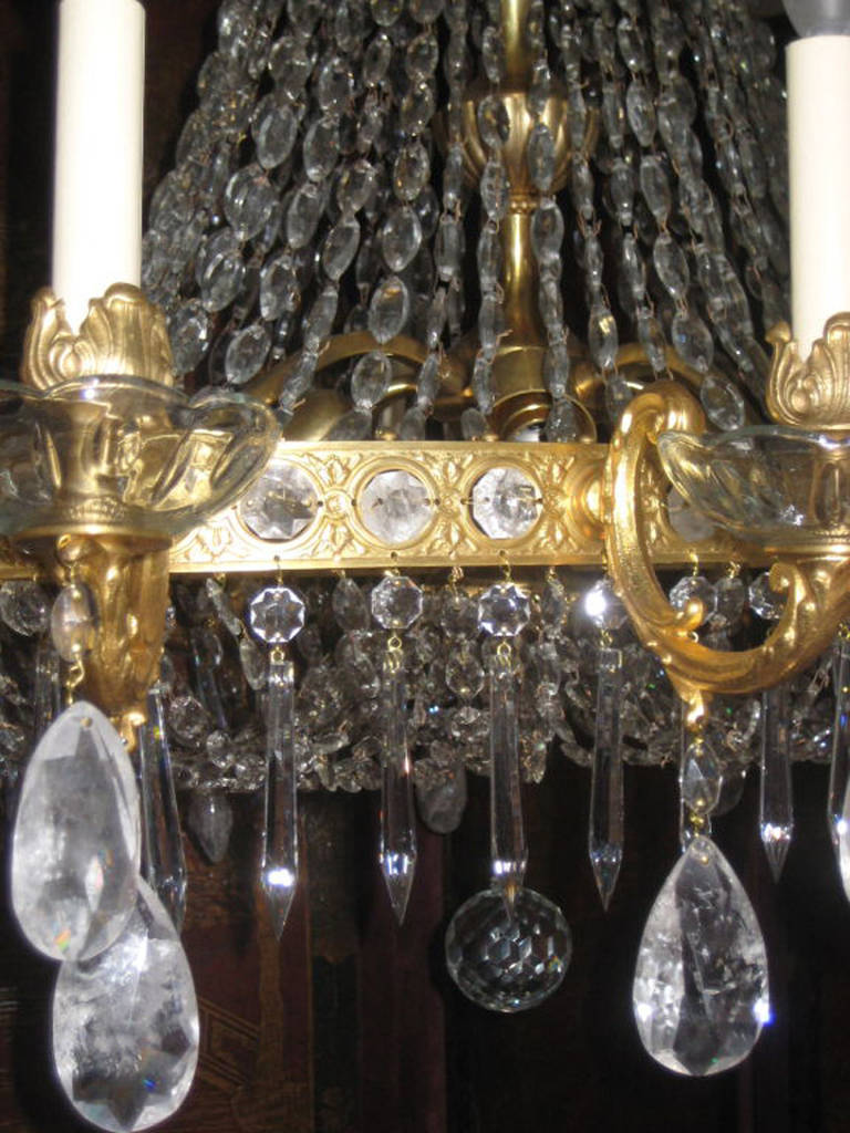 French Oval Gilt Bronze and Rock Crystal Chandelier For Sale
