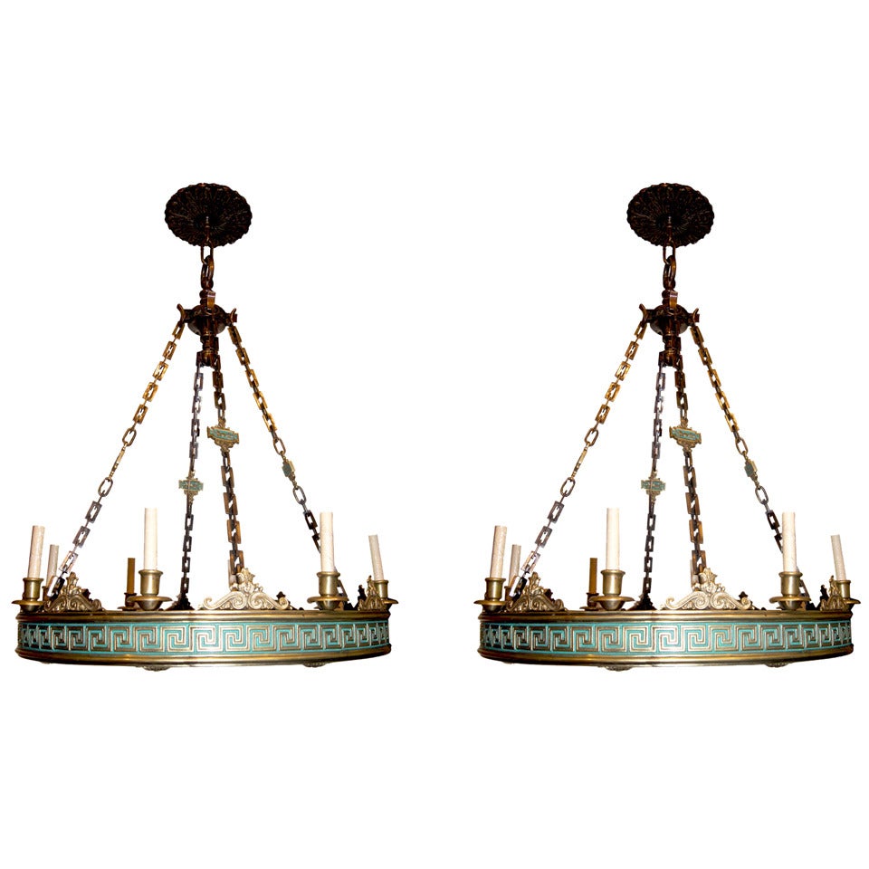 Pair of Large Neoclassic Bronze Chandeliers, Sold Individually For Sale 4