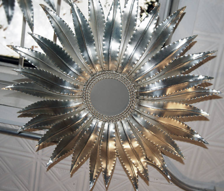 Mid-20th Century Pair of Silver Sunburst Pendant Light Fixtures, Sold Individually For Sale