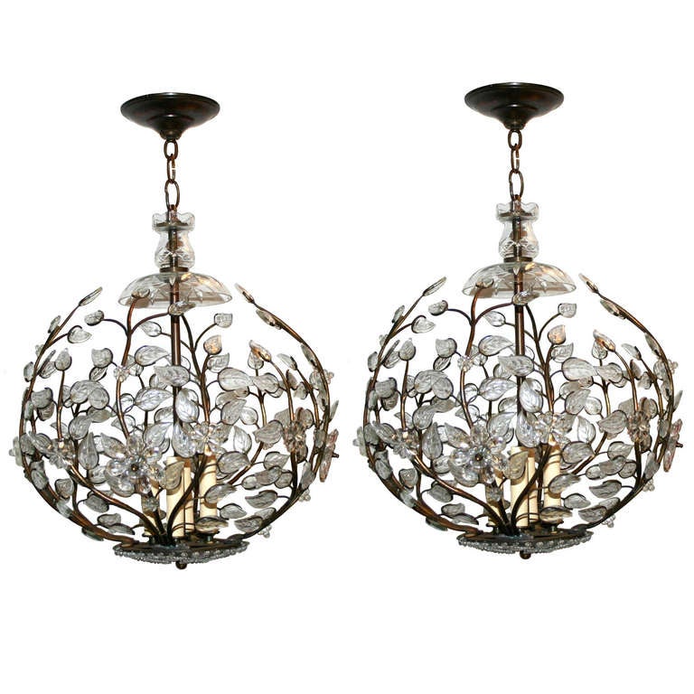 Pair of Light Fixtures with Molded Glass Leaves and Flowers For Sale at