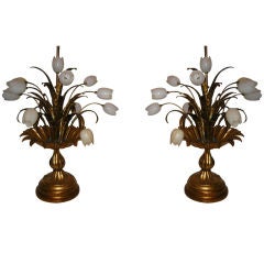 Pair of Gilt Metal and Alasbaster Tulips Lamps