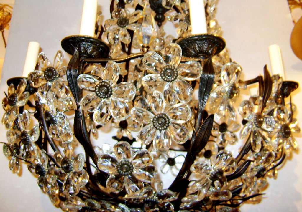 Bronze Chandelier with Crystal Flowers In Good Condition In New York, NY
