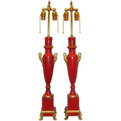 Pair of Empire Red Tole Table Lamps