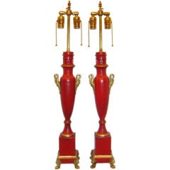 Antique Pair of Empire Red Tole Table Lamps