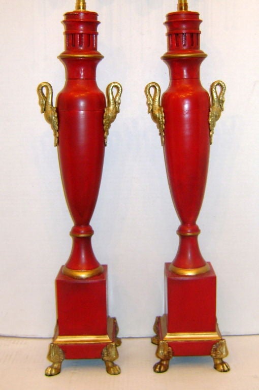 Pair of Empire Red Tole Table Lamps