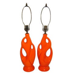 Pair of Orange Porcelain Lamps