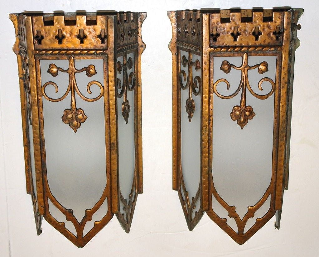 1920s American Renaissance style gilt metal wall lantern sconces.