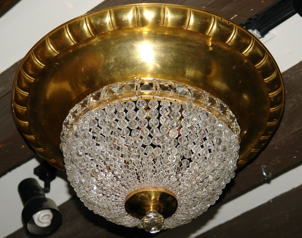 Beaded Crystal & Gilt Metal  Flush Mounted Light Fixture