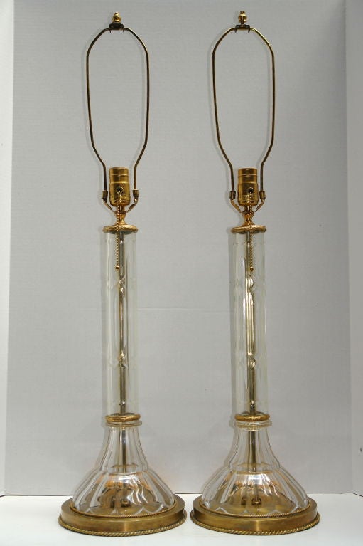 Pair of Crystal 
Gilt Metal Table Lamps
