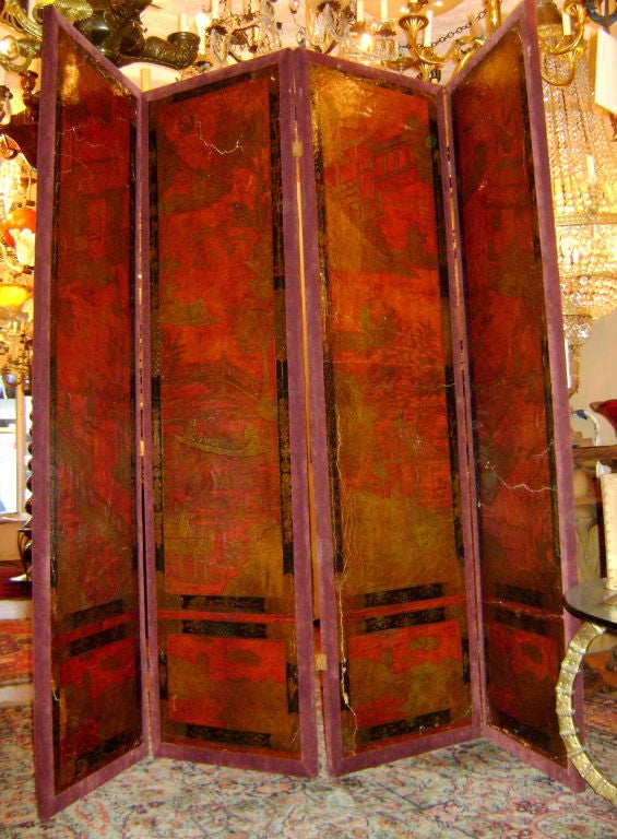 Painted Chinoiserie Leather Screen