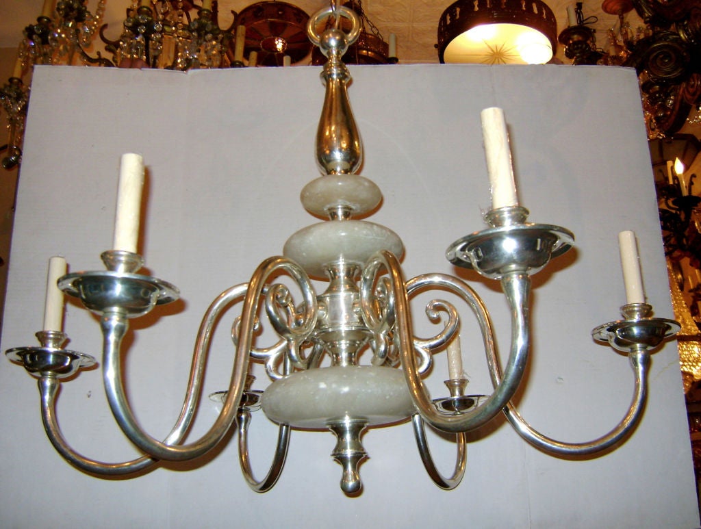 Circa 1920s of English alabaster and silvered bronze chandelier, circa 1920s.
Measurements:
Height: 30.5