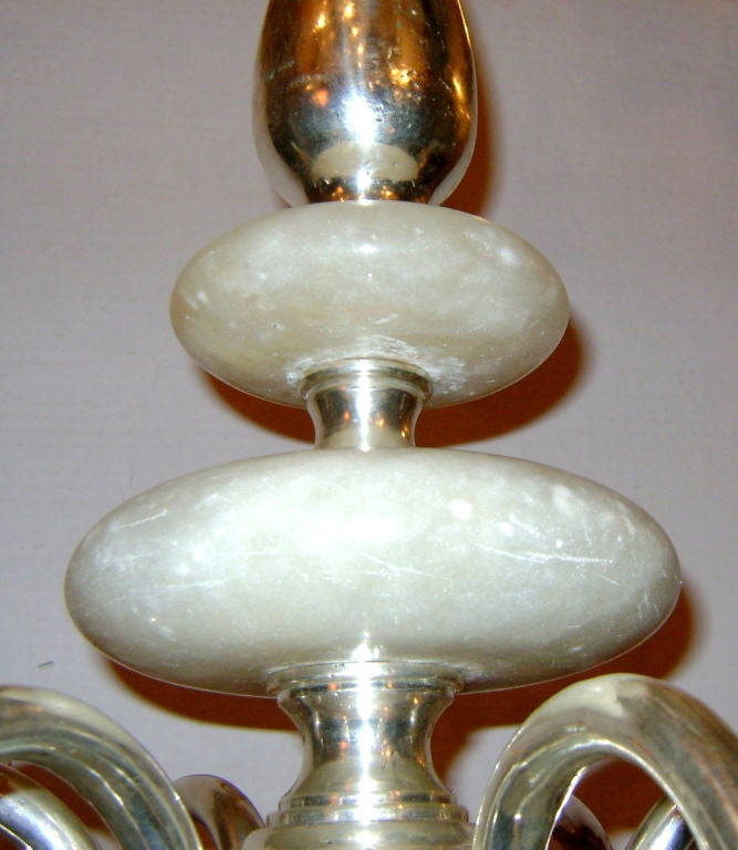 Silvered Bronze Chandelier with Alabaster In Good Condition For Sale In New York, NY