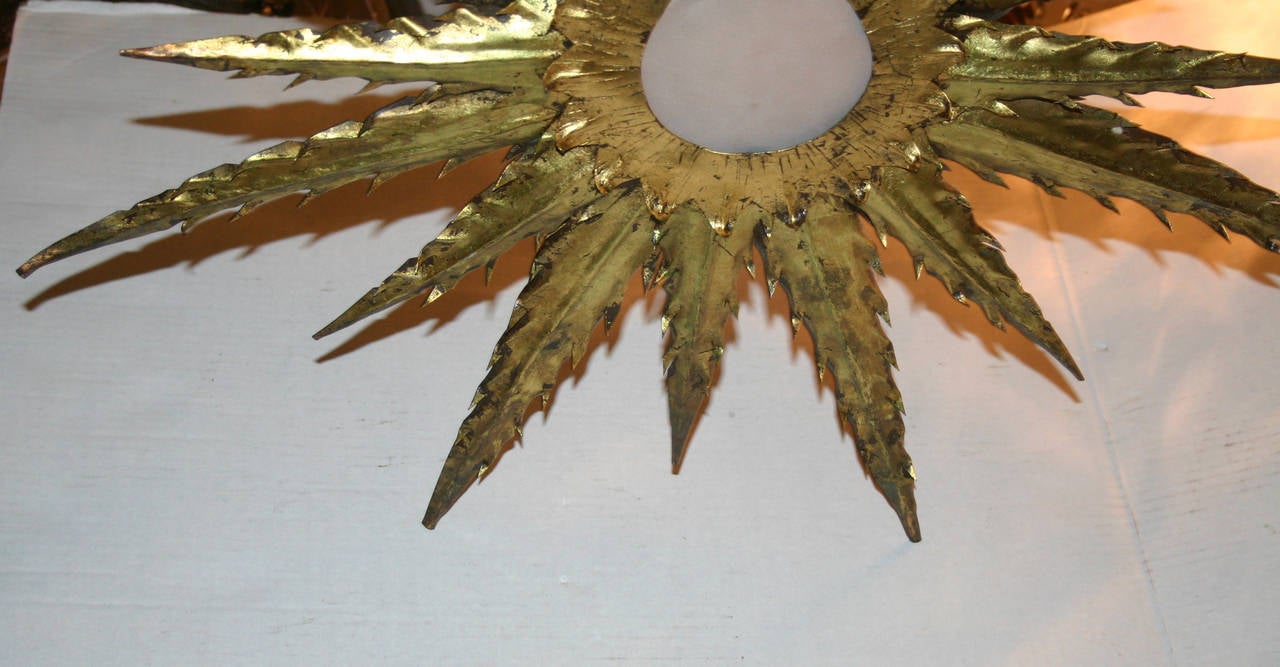 Mid-20th Century Large Gilt Metal Sunburst Light Fixture For Sale