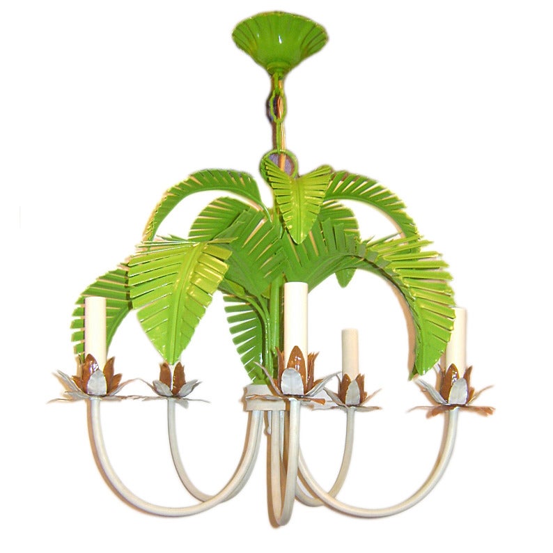 Mid-20th Century Pair of Tole Palm Tree Chandeliers, Sold Individually For Sale