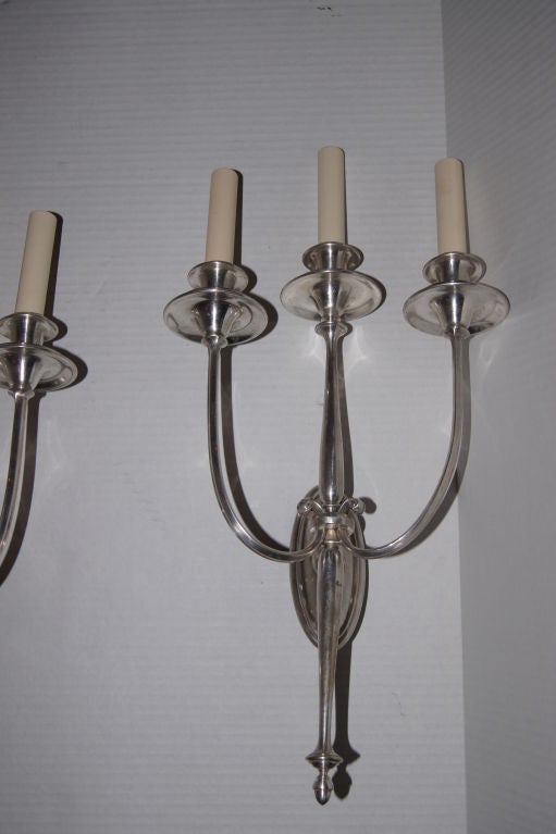 A set of 6 silver plated English sconces, original finish and patina. 3 lights each.

21