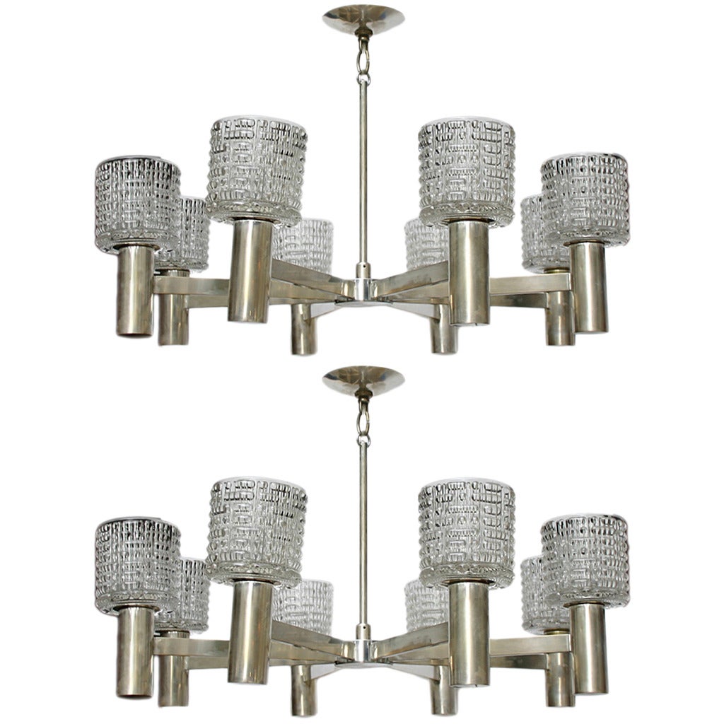 Pair of Moderne Silver and Glass Chandeliers