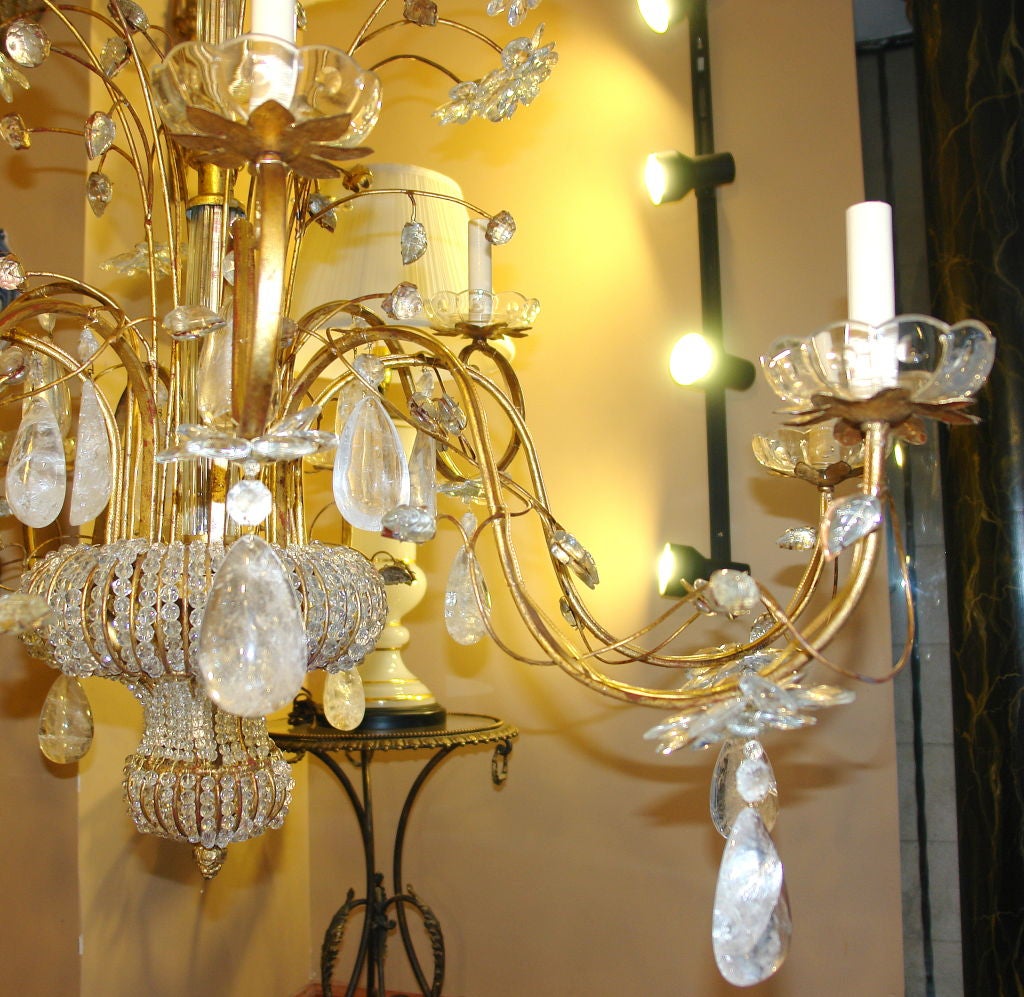 Mid-20th Century Pair of Large Gilt Metal & Rock Crystal Chandeliers, Sold Individually
