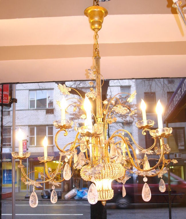 Pair of Large Gilt Metal & Rock Crystal Chandeliers, Sold Individually 3