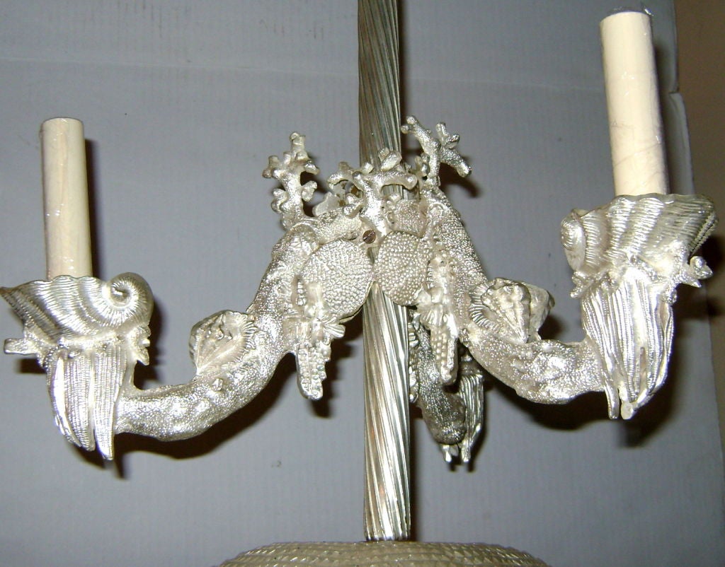 Pair of Shell and Coral Motif Silver Plated Chandeliers In Excellent Condition For Sale In New York, NY