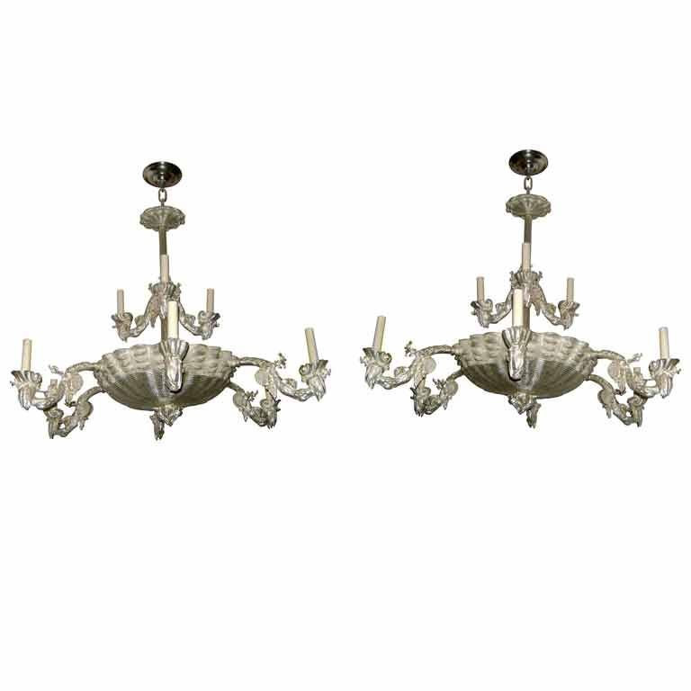 Pair of Shell and Coral Motif Silver Plated Chandeliers For Sale