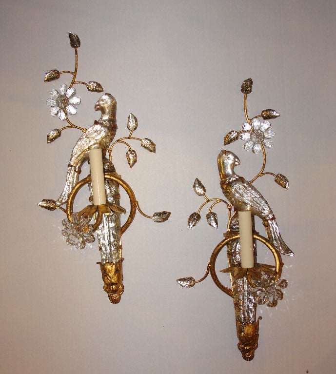 French Gilt Metal Sconces with Parrots