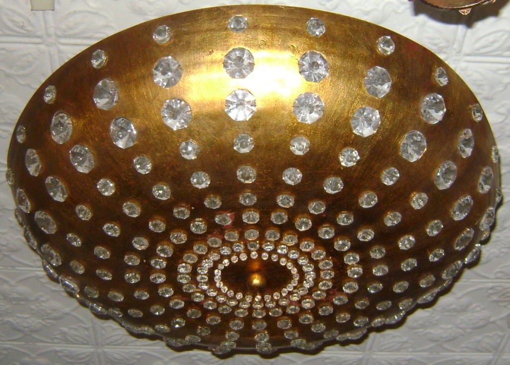 Gilt Metal Semi Flush Light Fixture wht Crystals