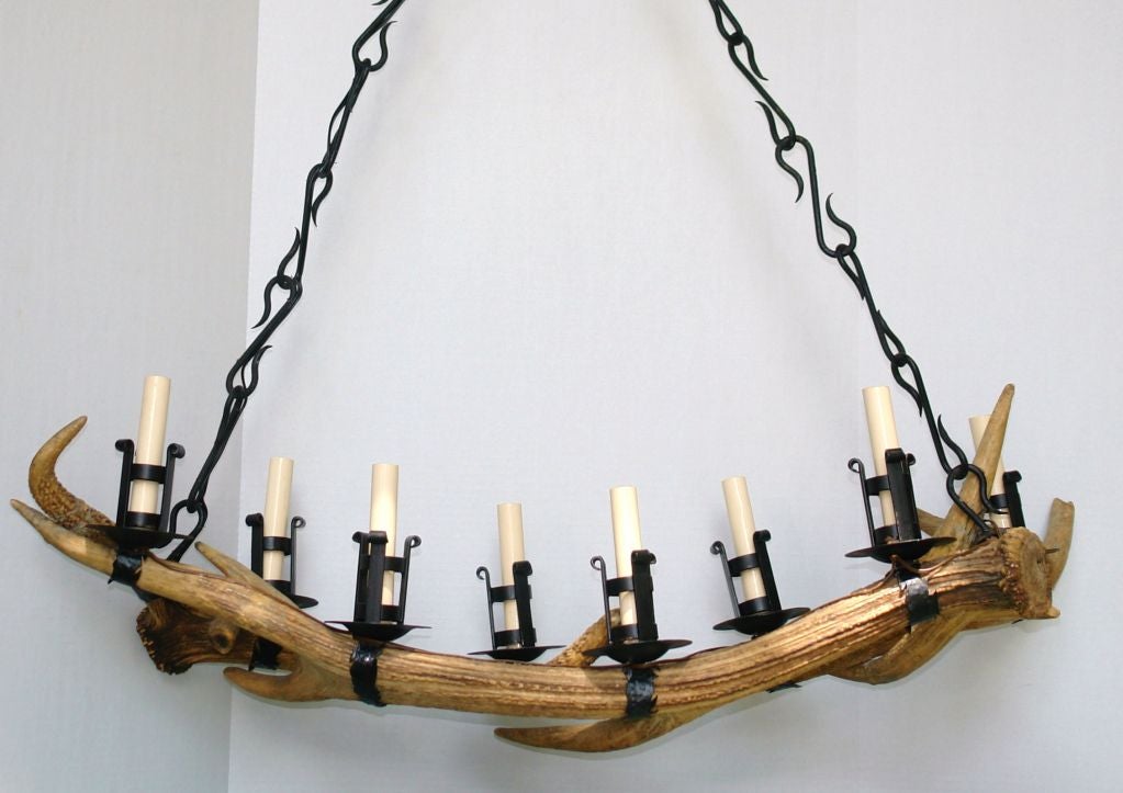 A 1930s Italian wrought iron and antler horizontal chandelier with 8 lights.

Measurements:
Length 40?
Current drop 45?
Depth 11?.