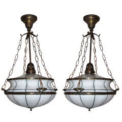Antique Pair of Leaded Glass Light Fixtures