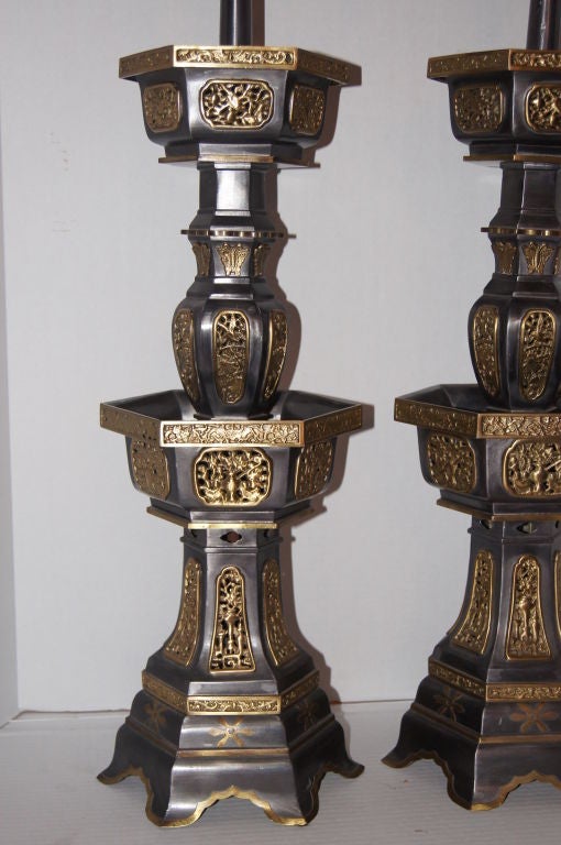 Pewter and Gilt Chinese Temple Lamps In Good Condition For Sale In New York, NY